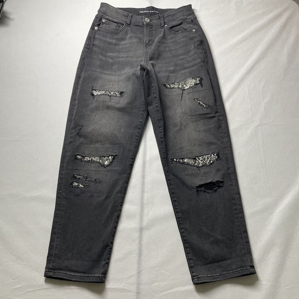 INC Denim Mid Rise Boyfriend Distressed Gray Jeans Snake Print Size 10